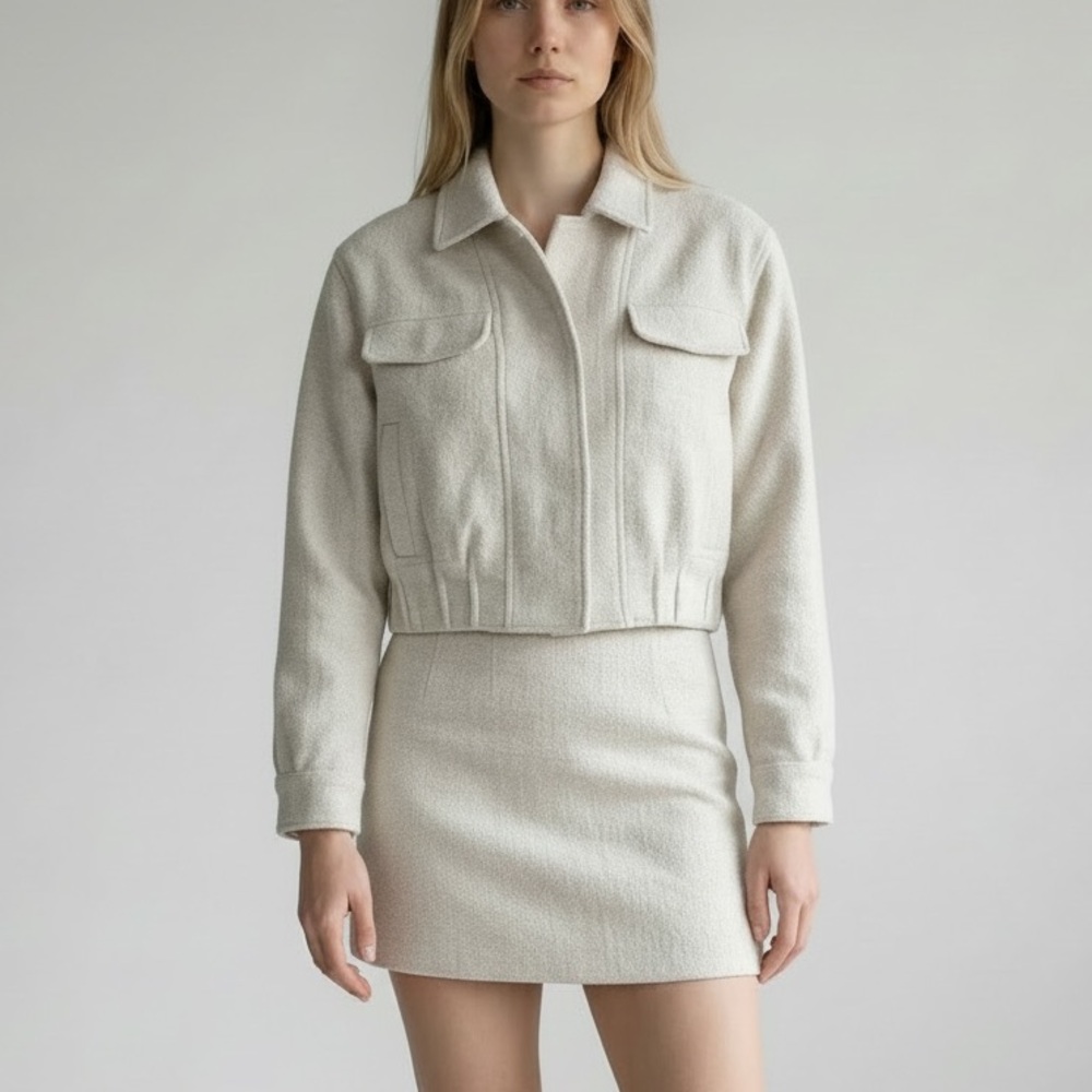 SABLYN Jacket Skirt Set Womens XS Beige Wool Blend Cropped Mini Made USA‎ Outfit